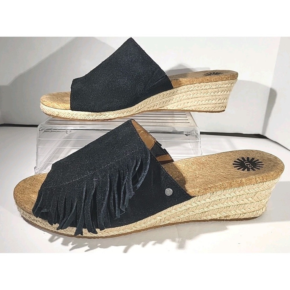 UGG Women's 9 Danes Black Suede Fringe Sandals Espadrille Cork Wedge Western